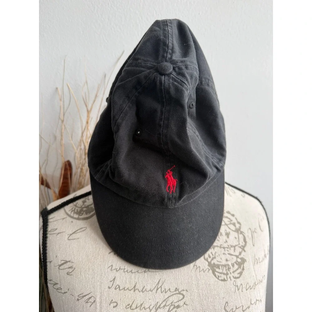 Polo Ralph Lauren Mens Black Cotton Baseball Cap Red Pony Logo Adjustable Hat